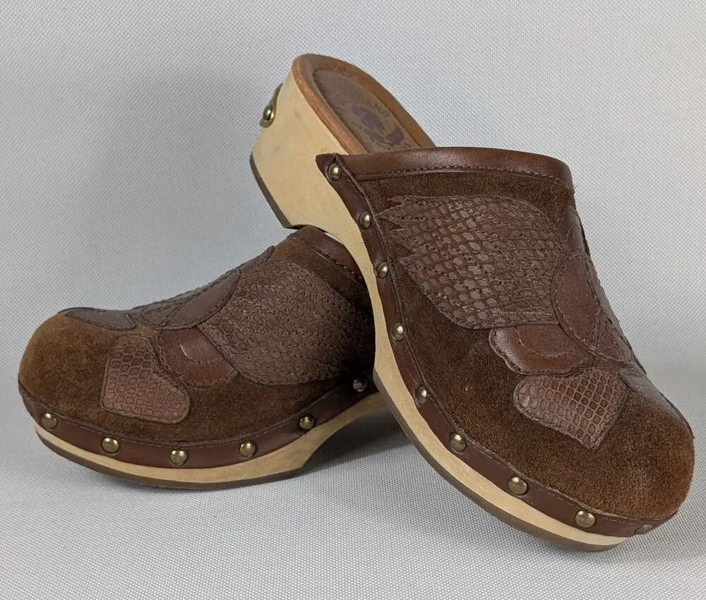 Lucky Brand Womens Wood Leather Platform Block Clogs Brown Size 6.5 M Peace